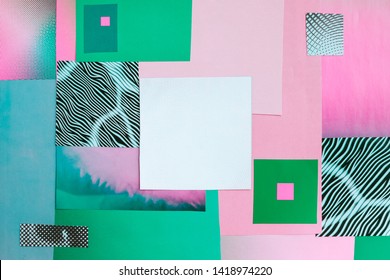 Creative art mood board. Handmade modern collage made of magazines and colorful paper cut clippings. Shades of pink. Mixed texture background with space for text. - Shutterstock ID 1418974220