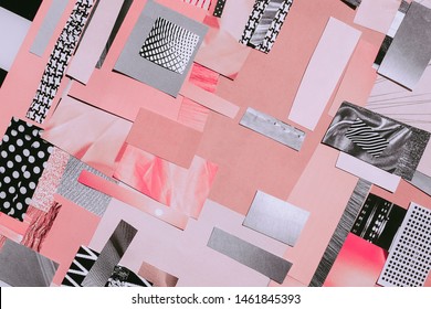 Creative art romantic mood board. Handmade modern collage made of magazines and paper cut clippings. Shades of pink. Mixed texture background with space for text.  - Shutterstock ID 1461845393
