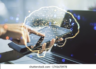 Creative artificial Intelligence concept with human brain sketch and finger presses on a digital tablet on background. Double exposure