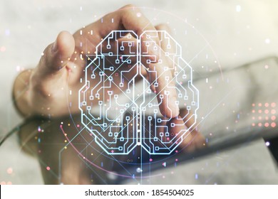 Creative artificial Intelligence concept with human brain sketch and finger presses on a digital tablet on background. Double exposure
