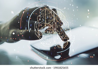 Creative artificial Intelligence concept with human brain sketch and finger presses on a digital tablet on background. Double exposure