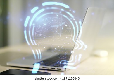 Creative artificial Intelligence concept with human head sketch on modern computer background. Double exposure