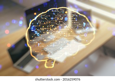 Creative artificial Intelligence concept with human brain sketch and modern desktop with pc on background. Double exposure