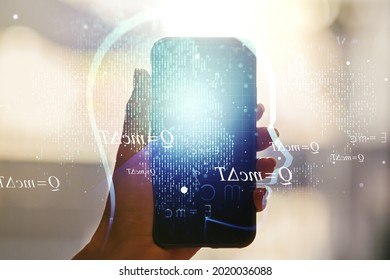 Creative artificial Intelligence concept with human head sketch and hand with mobile phone on background. Double exposure
