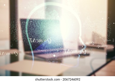 Creative artificial Intelligence concept with human head sketch on modern computer background. Double exposure