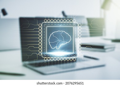 Creative artificial Intelligence concept with human brain sketch on modern computer background. Double exposure