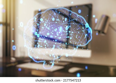 Creative artificial Intelligence concept with human brain hologram on modern laptop background. Multiexposure