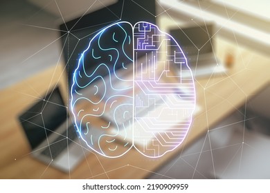 Creative artificial Intelligence concept with human brain hologram and modern desktop with computer on background. Multiexposure