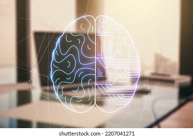 Creative artificial Intelligence concept with human brain hologram on modern laptop background. Multiexposure