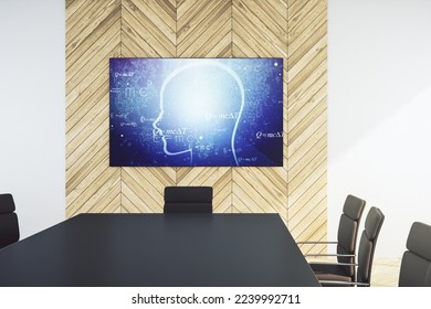 Creative artificial Intelligence concept with human head sketch on tv display in a modern presentation room. 3D Rendering