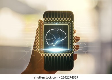 Creative artificial Intelligence concept with human brain hologram and hand with phone on background. Multiexposure