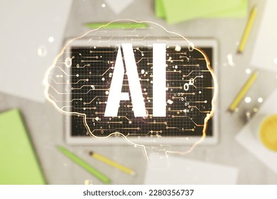 Creative artificial Intelligence concept with human brain sketch and modern digital tablet on desktop on background, top view. Double exposure