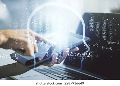 Creative artificial Intelligence concept with human head sketch and finger presses on a digital tablet on background. Double exposure