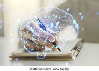 Creative artificial Intelligence concept with human brain sketch and man hand writing in diary on background. Double exposure
