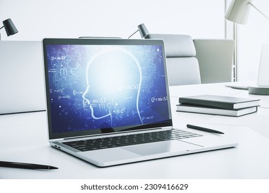 Creative artificial Intelligence concept with human head hologram on modern laptop screen. 3D Rendering