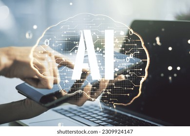 Creative artificial Intelligence concept with human brain hologram and finger clicks on a digital tablet on background. Multiexposure