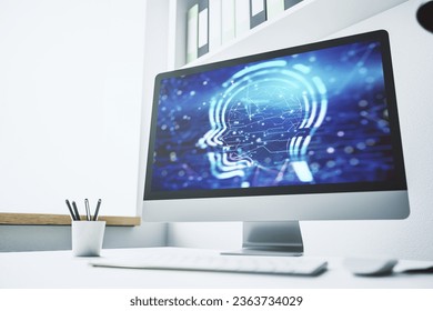 Creative artificial Intelligence concept with human head hologram on modern laptop screen. 3D Rendering