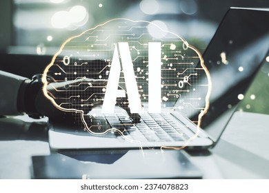 Creative artificial Intelligence concept with human brain hologram and hands typing on laptop on background. Multiexposure