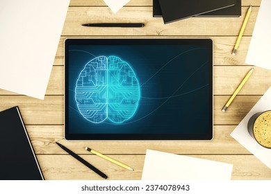 Creative artificial Intelligence concept with human brain sketch on modern digital tablet display. Top view. 3D Rendering