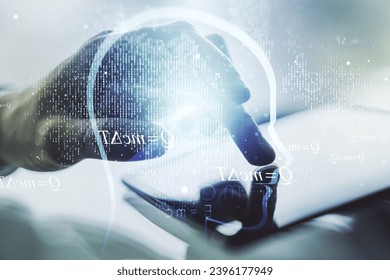 Creative artificial Intelligence concept with human head hologram and finger clicks on a digital tablet on background. Multiexposure - Powered by Shutterstock - Get 15% off with code: PIKWIZARD15