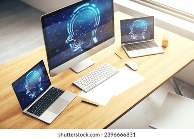 Creative artificial Intelligence concept with human head sketch on modern computer monitor. 3D Rendering