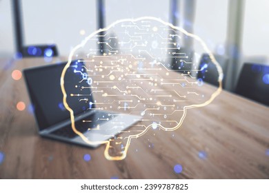 Creative artificial Intelligence concept with human brain sketch on modern computer background. Double exposure