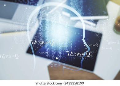 Creative artificial Intelligence concept with human head hologram and modern digital tablet on background, top view. Multiexposure
