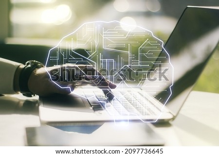 Creative artificial Intelligence concept with human brain sketch and hands typing on computer keyboard on background. Double exposure