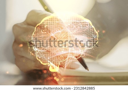 Creative artificial Intelligence concept with human brain sketch and woman hand writing in diary on background. Double exposure