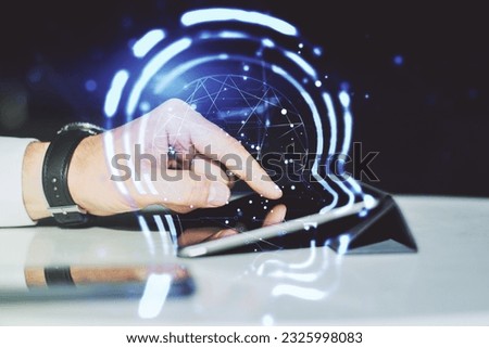 Creative artificial Intelligence concept with human head sketch and finger presses on a digital tablet on background. Double exposure