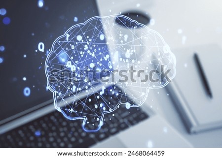 Creative artificial Intelligence concept with human brain hologram on modern laptop background. Multiexposure