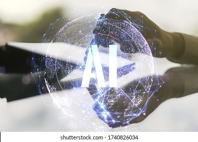Creative artificial Intelligence symbol concept with finger presses on a digital tablet on background. Double exposure