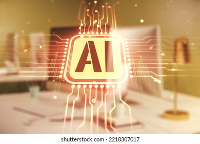 Creative artificial Intelligence symbol concept with modern laptop on background. Multiexposure