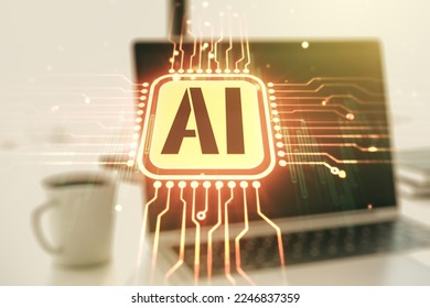 Creative artificial Intelligence symbol concept with modern laptop on background. Multiexposure