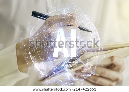 Creative artificial Intelligence symbol concept with man hand writing in diary on background. Double exposure