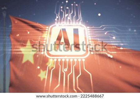 Creative artificial Intelligence symbol hologram on Chinese flag and blue sky background. Double exposure
