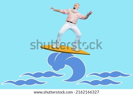Creative artwork 3d sketch of cool sportive old man catch huge ocean wave rest relax isolated on blue color background
