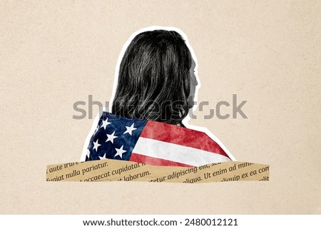 Creative artwork abstract collage od woman with american flag costume celebrate 4th july on pastel color background
