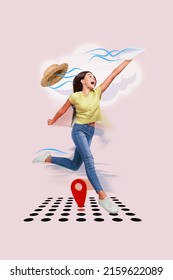 Creative artwork advertisement of funky kid girl playing origami plane dream worldwide adventure voyage fly isolated - Shutterstock ID 2159622089