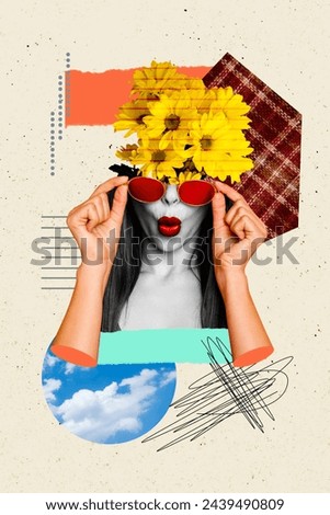 Creative artwork collage of charming lady daisy flowers on head lady pouted lips flirty touching sunglass isolated on beige background