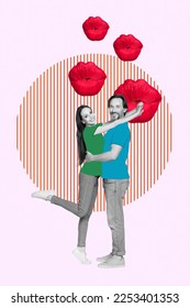 Creative artwork collage couple smile people embracing together enjoy relationships pouted lips kisses amour flirt isolated drawing background