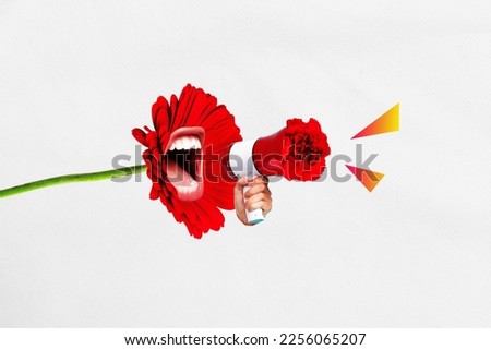 Creative artwork collage image of talking mouth inside flower arm hold loudspeaker say tell announce isolated on white background
