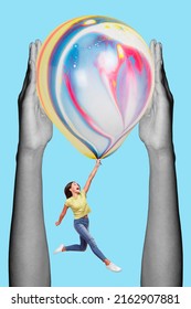 Creative Artwork Collage Poster Of Kid Hold Huge Air Balloon Fly High Stuck Human Arms Isolated Blue Color Background