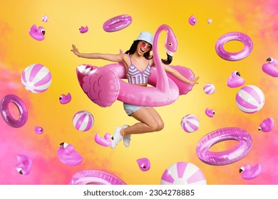 Creative artwork cyber magazine template collage of funky lady flying bird shape buoy water swimming simulation