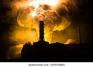 Creative artwork decoration. Chernobyl nuclear power plant at night. Layout of abandoned Chernobyl station after nuclear reactor explosion. Selective focus - Shutterstock ID 2070750842
