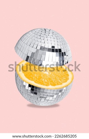 Creative artwork design collage poster fresh natural organic drink healthy beverage absurd disco ball lemon fruit isolated on pink color background
