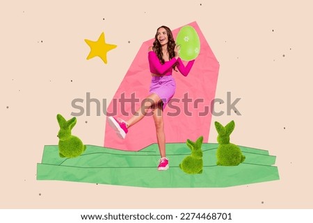 Creative artwork easter spring holiday collage young girl shake big green ornament colored egg near decor rabbits isolated on pink background