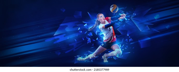 Creative Artwork With Female Volleyball Player In Motion With Ball Isolated On Dark Blue Background With Neoned Elements. Concept Of Art, Creativity, Sport, Energy And Power. Horizontal Banner, Flyer