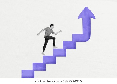 Creative artwork graphics collage painting of successful worker guy walking ladder up isolated white color background
