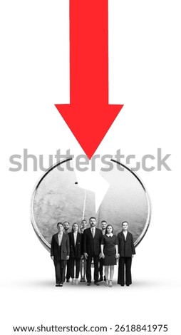 Creative artwork. Group of professionals stand under broken coin and falling arrow representing collective burden of collapsing economy. Concept of economic crisis and depression, instability.